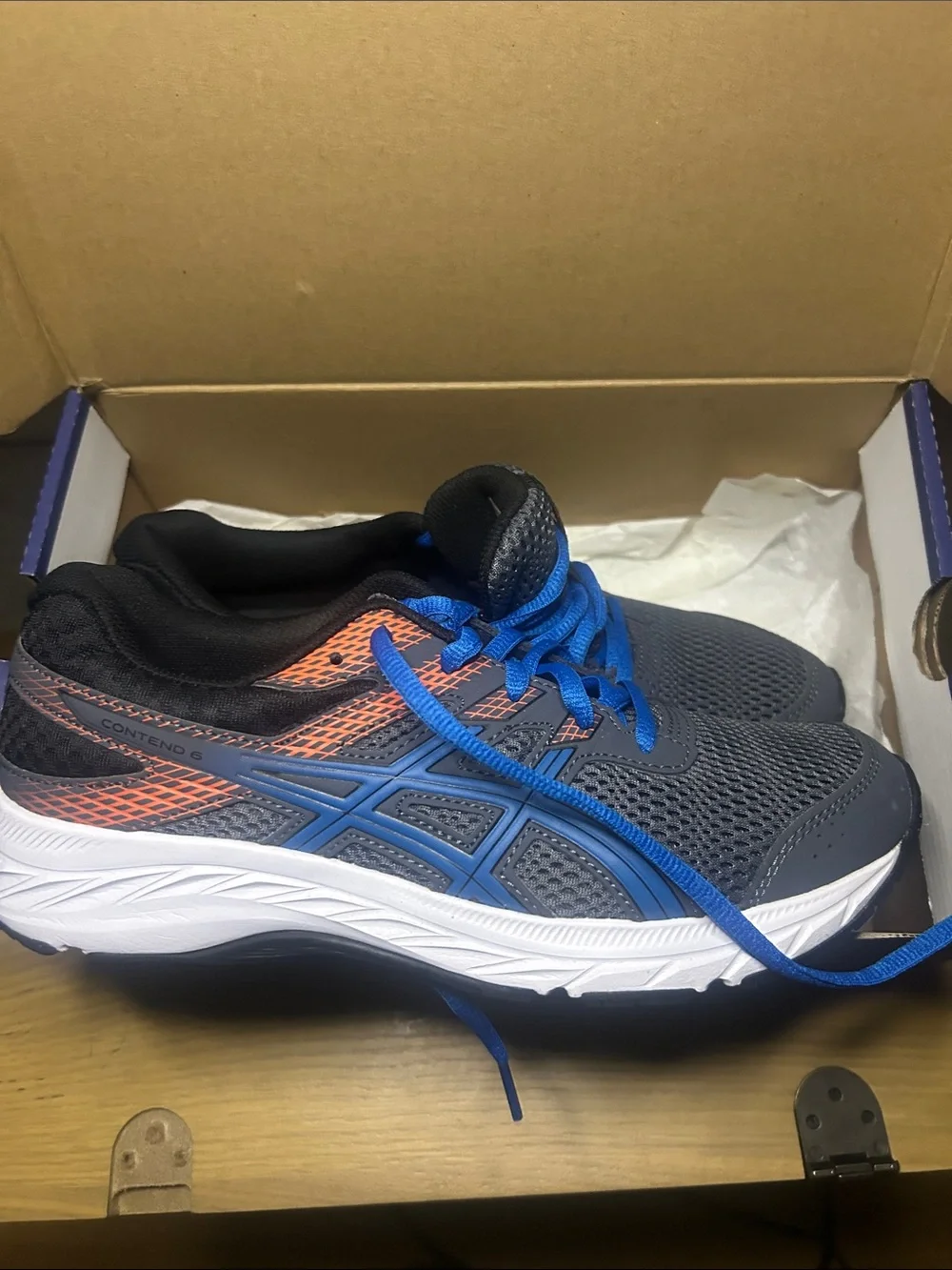 Contend 6 GS /ASICS Gray Athletic Shoes with Blue Laces and Orange Accents